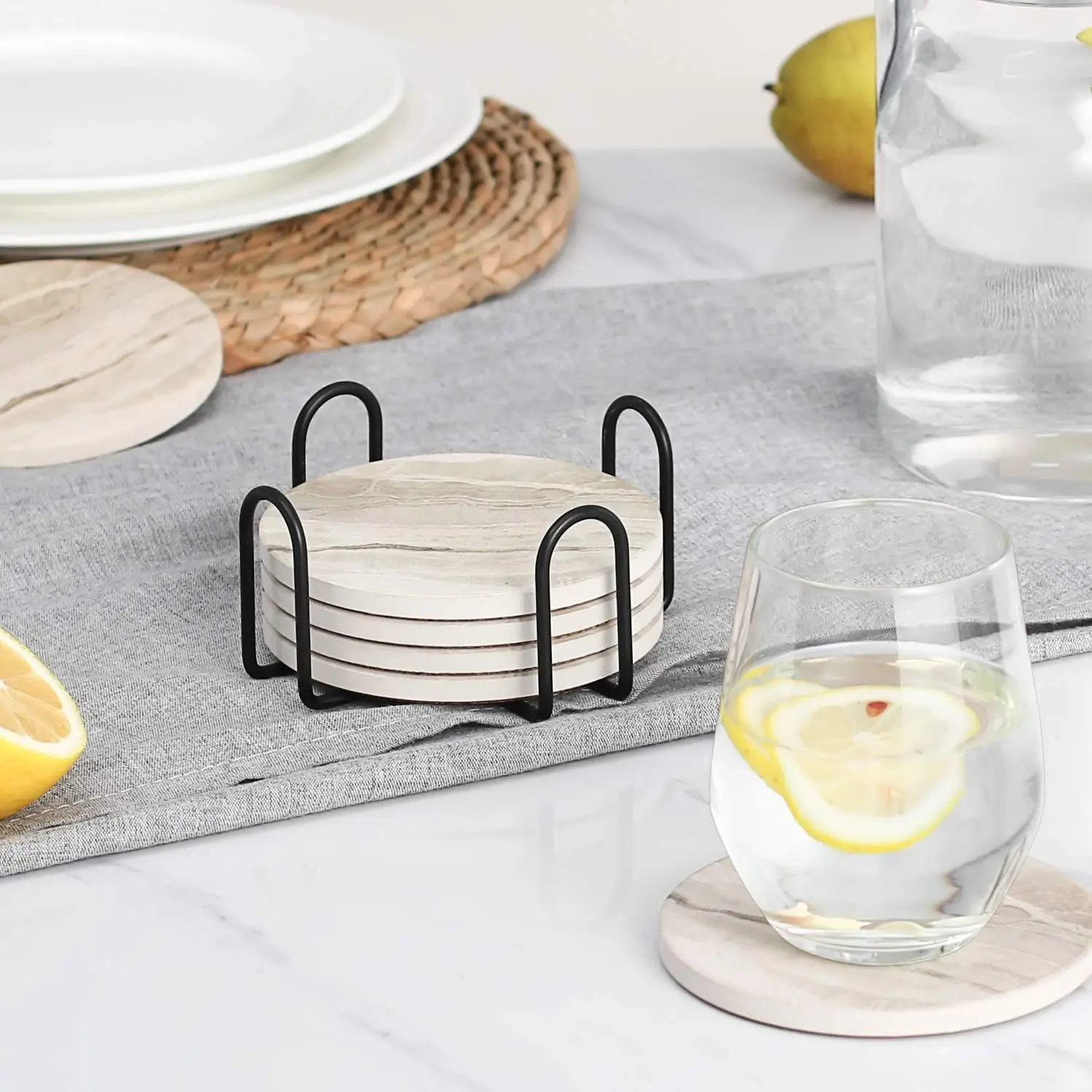 6Pcs Beverage Coaster Set with - Marble Coaster Set ulasan dan harga