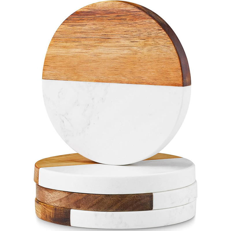 4Pcs Marble Acacia Wood Coaste - Marble Coaster Set ulasan dan harga