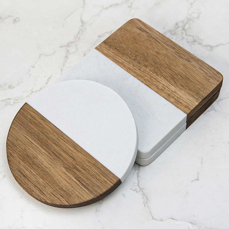 4Pcs Marble Acacia Wood Coaste - Marble Coaster Set ulasan dan harga