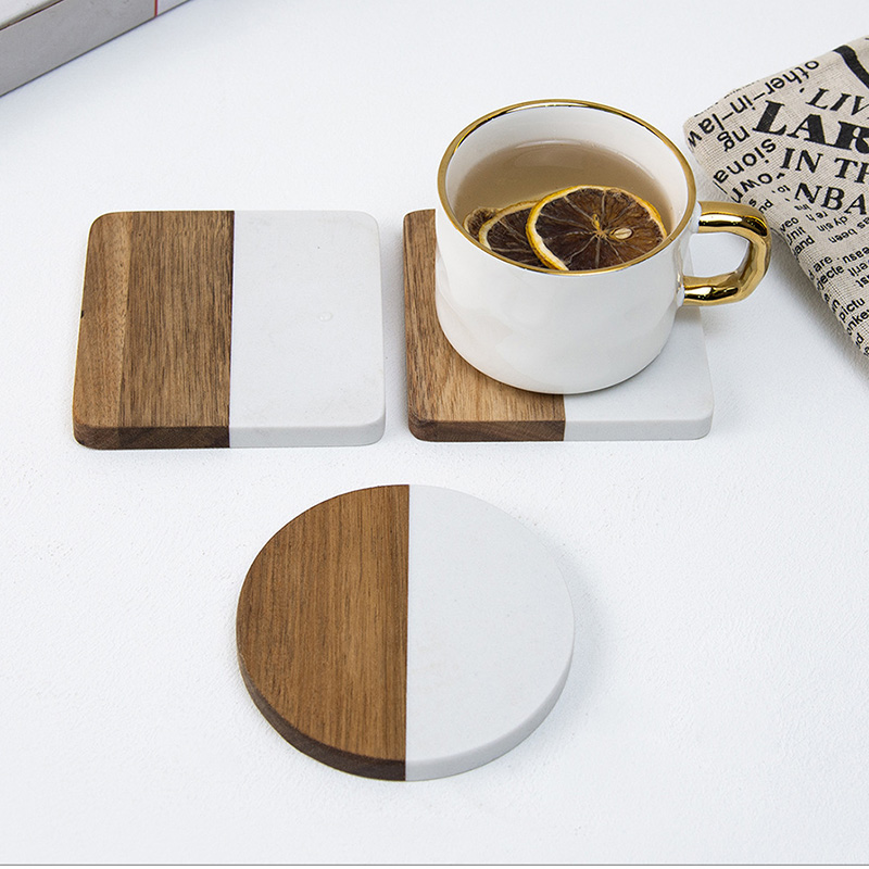 4Pcs Marble Acacia Wood Coaste - Marble Coaster Set ulasan dan harga