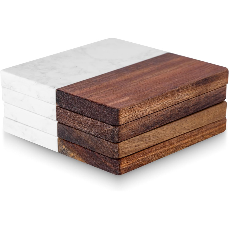 4Pcs Marble Acacia Wood Coaste - Marble Coaster Set ulasan dan harga