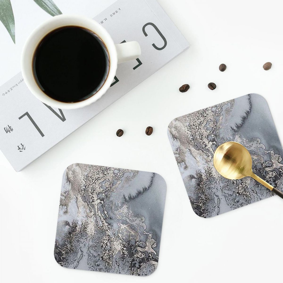Grey And Silver Marbl Coasters - Marble Coaster Set ulasan dan harga